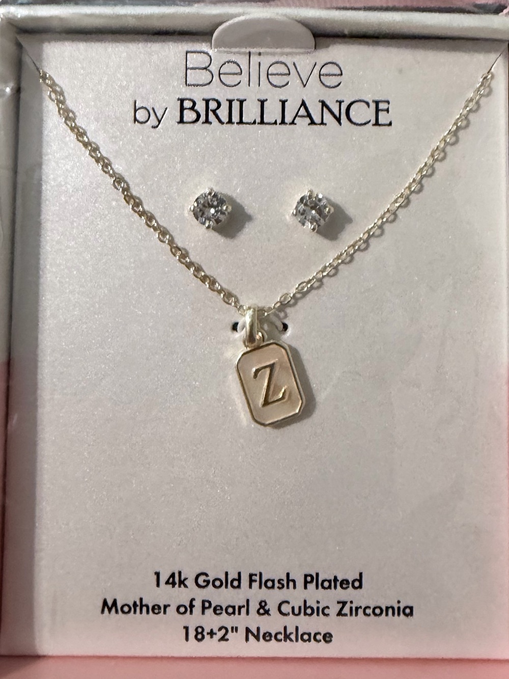 NWT Believe by Brilliance Women's Mother of Pearl Initial Z Necklace & Stud Set
